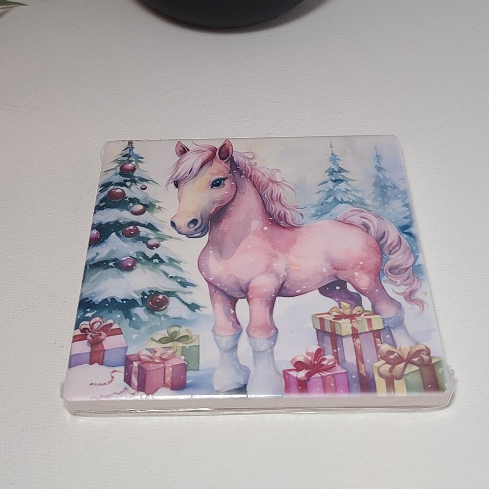 Christmas Pony Sandstone Coaster Set of Two - by The Crowing Hen - Picture 3 of 5